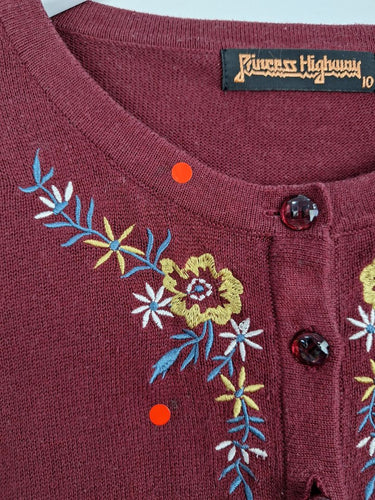 Second-Hand - Princess Highway Flower Embroidered Maroon Cardigan Size 10 - SwapUp