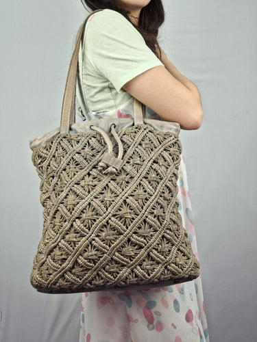 Second-Hand - Biba Steel Grey Leather Crotchet Tote Bag - SwapUp