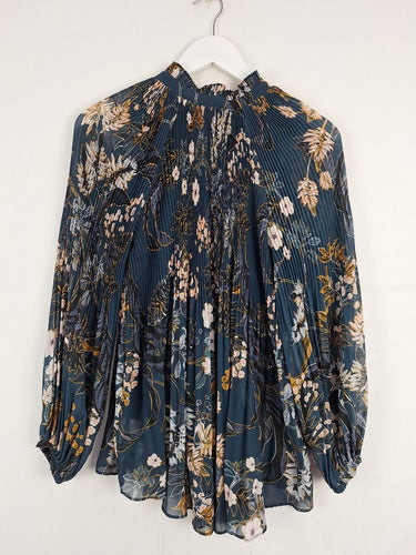 Second-Hand - Witchery Semi Sheer Dark Turquoise Floral Blouse Size 10 - SwapUp