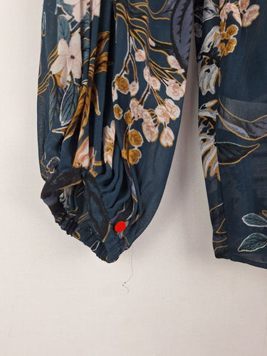 Second-Hand - Witchery Semi Sheer Dark Turquoise Floral Blouse Size 10 - SwapUp