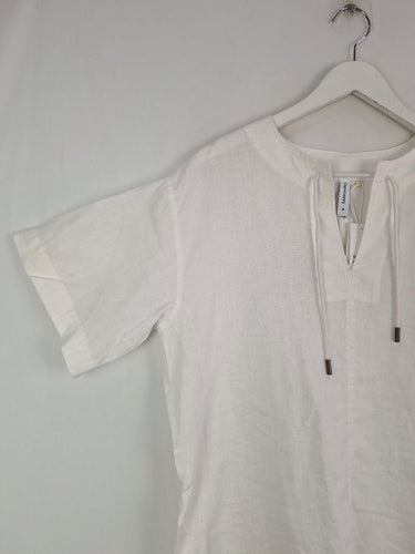 Second-Hand - Commonry Crisp White Linen Tie Neck Tunic Top Size 8 - SwapUp