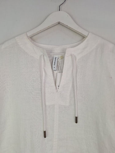 Second-Hand - Commonry Crisp White Linen Tie Neck Tunic Top Size 8 - SwapUp