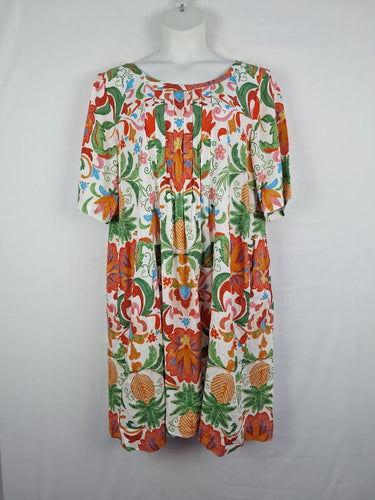 Second-Hand - Blue Illusion Front Pleat Pineapple Linen Blend Midi Dress Size XXXL - SwapUp