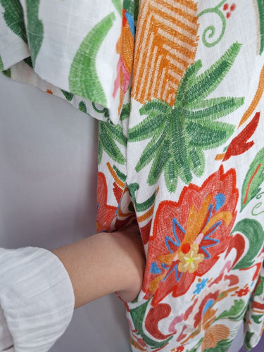 Second-Hand - Blue Illusion Front Pleat Pineapple Linen Blend Midi Dress Size XXXL - SwapUp