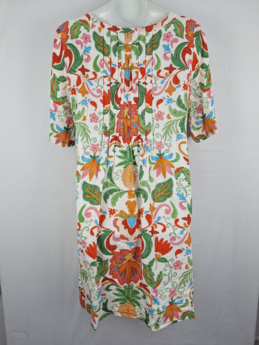 Second-Hand - Blue Illusion Front Pleat Pineapple Linen Blend Midi Dress Size XXXL - SwapUp