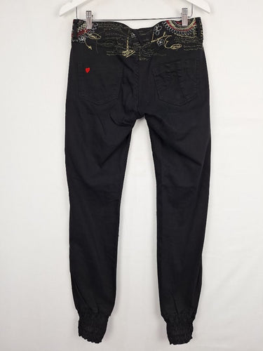 Second-Hand - Desigual Black Embroidered Cinched Ankle Jeans Size S - SwapUp