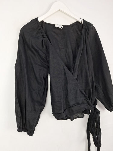 Second-Hand - Witchery Black Pure Linen Wrap Blouse Size 8 - SwapUp
