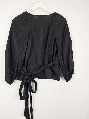 Second-Hand - Witchery Black Pure Linen Wrap Blouse Size 8 - SwapUp