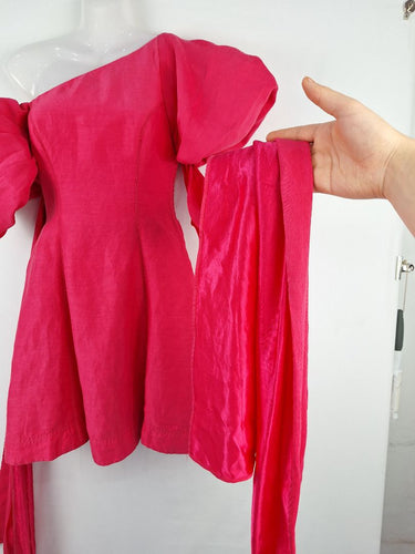 Second-Hand - Aje Fuscia Pink Arista Tulip Sleeve Mini Dress Size 6 - SwapUp