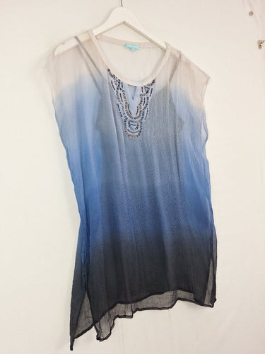 Second-Hand - Blue Illusion Flirty Sheer Bedazzled Top Size M - SwapUp