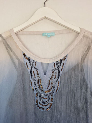 Second-Hand - Blue Illusion Flirty Sheer Bedazzled Top Size M - SwapUp