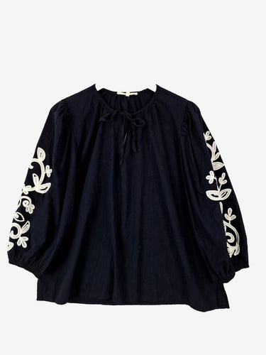 Abel the Label Botanical Embroidery Navy Puff Sleeve Top Size L