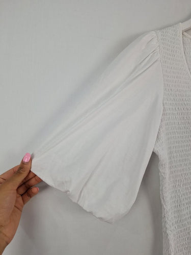 Second-Hand - Witchery Pure White Balloon Sleeve Shirred Top Size S - SwapUp