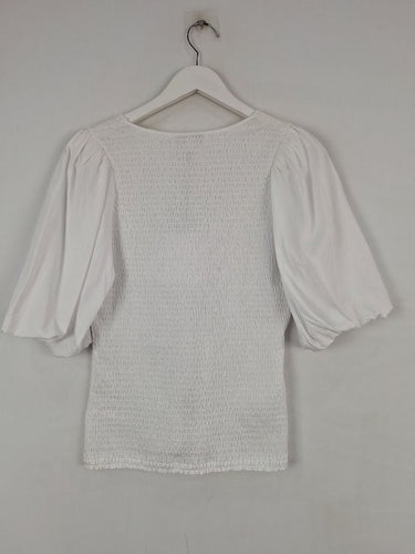 Second-Hand - Witchery Pure White Balloon Sleeve Shirred Top Size S - SwapUp