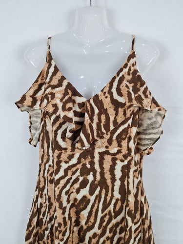 Second-Hand - Witchery Effortless Auburn Printed Linen Midi Dress Size 8 - SwapUp