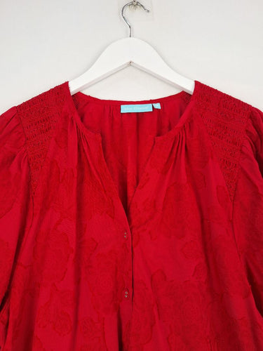 Second-Hand - Blue Illusion Rose Textured Shirred Shoulder Blouse Size M - SwapUp