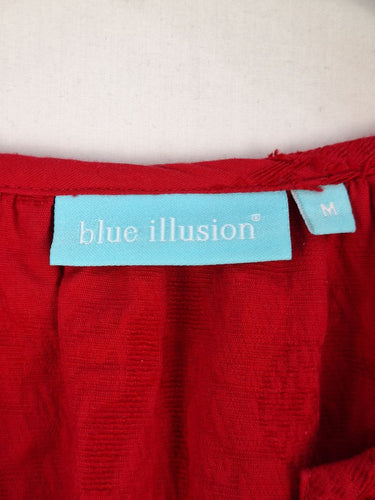 Second-Hand - Blue Illusion Rose Textured Shirred Shoulder Blouse Size M - SwapUp