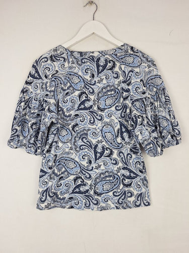 Second-Hand - Witchery Bohemian Linen Blend Puffy Sleeved Top Size S - SwapUp
