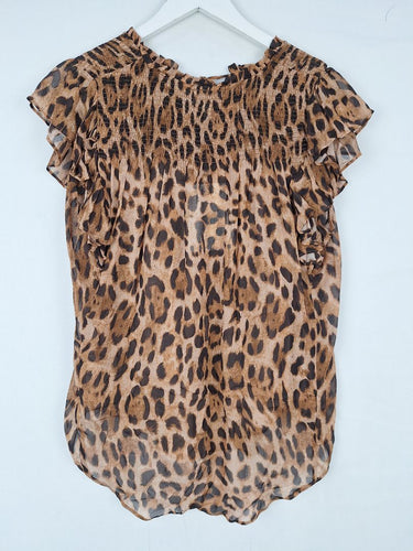 Second-Hand - Witchery Shirred Leopard Flowy Sleeved Blouse Size 8 - SwapUp