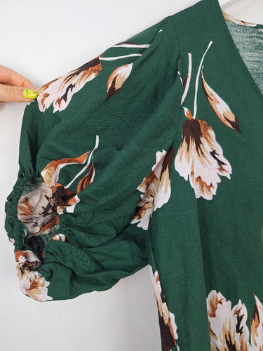 Second-Hand - Witchery Forest Green Floral Linen Blend Top Size 8 - SwapUp