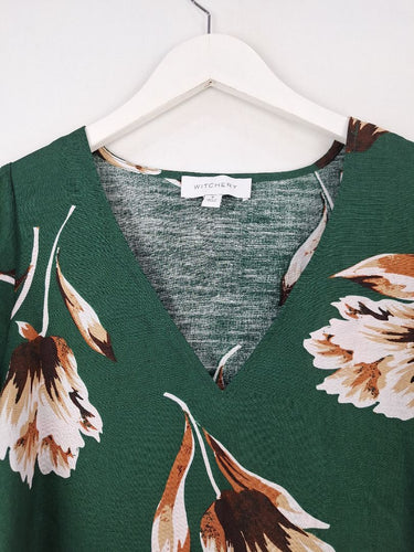 Second-Hand - Witchery Forest Green Floral Linen Blend Top Size 8 - SwapUp