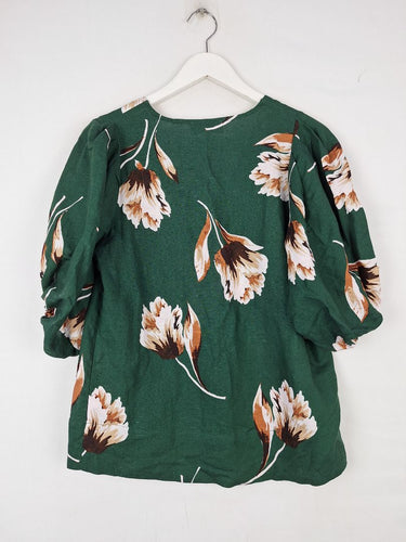 Second-Hand - Witchery Forest Green Floral Linen Blend Top Size 8 - SwapUp