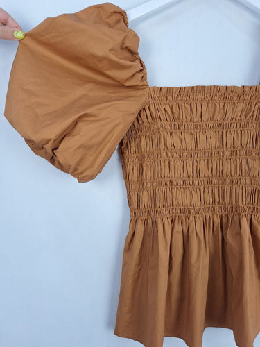Second-Hand - Witchery Chic Burnt Brown Shirred Peplum Top Size 8 - SwapUp