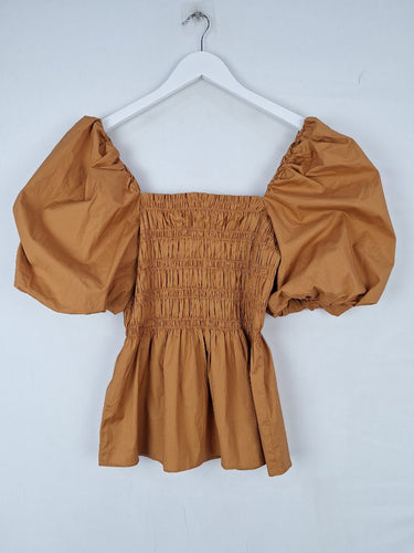 Second-Hand - Witchery Chic Burnt Brown Shirred Peplum Top Size 8 - SwapUp