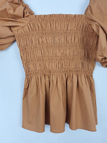 Second-Hand - Witchery Chic Burnt Brown Shirred Peplum Top Size 8 - SwapUp