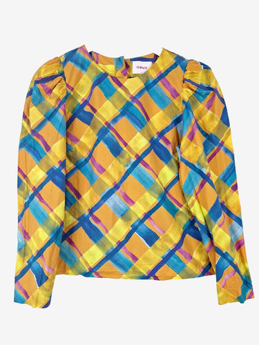 Obus Watercolour Crosshatch Puff Shoulder Blouse Size M