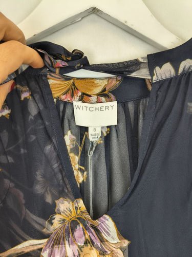 Second-Hand - Witchery Semi Sheer Navy Floral Blouse Size 8 - SwapUp