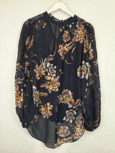Second-Hand - Witchery Semi Sheer Navy Floral Blouse Size 8 - SwapUp