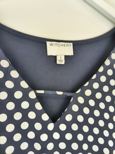 Second-Hand - Witchery Navy Polka Dot V Neck Top Size S - SwapUp