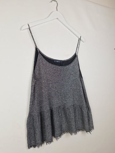 Second-Hand - Zara Festive Metallic Frayed Singlet Top Size M - SwapUp
