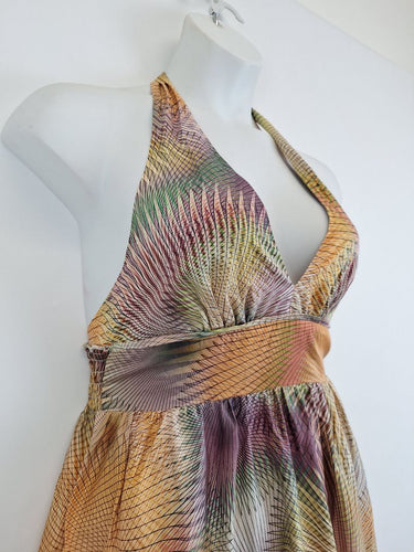 Second-Hand - Leona Edmiston Autumn Hues Halter Neck Midi Dress Size M - SwapUp