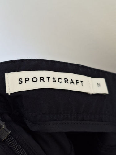 Second-Hand - Sportscraft Navy Diagonal Panel Split Midi Skirt Size 12 - SwapUp
