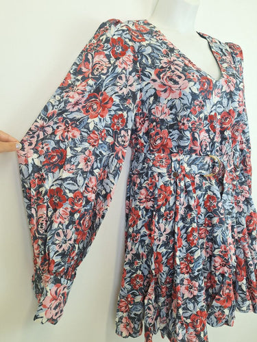 Second-Hand - Kate Ford Painted Floral Linen Long Sleeve Belted Mini Dress Size 12 - SwapUp