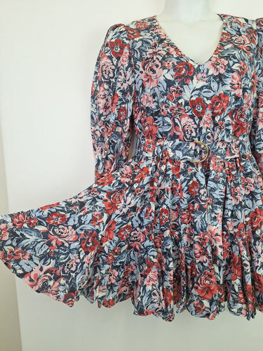 Second-Hand - Kate Ford Painted Floral Linen Long Sleeve Belted Mini Dress Size 12 - SwapUp