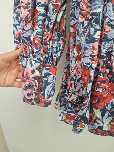 Second-Hand - Kate Ford Painted Floral Linen Long Sleeve Belted Mini Dress Size 12 - SwapUp