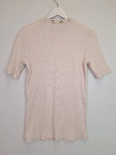 Second-Hand - Calvin Klein Cream Ribbed Monogram Detail T-shirt Size XL - SwapUp