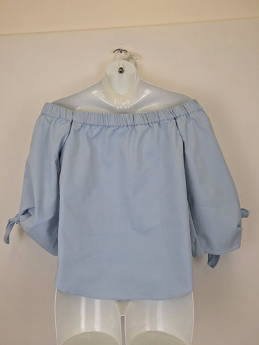 Second-Hand - Witchery Luxe Baby Blue Off The Shoulder Top Size 14 - SwapUp