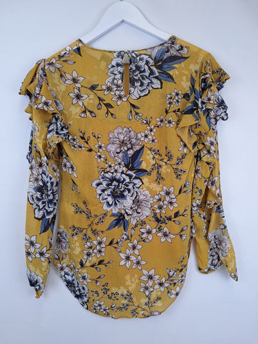 Second-Hand - Witchery Frilly Mustard Floral Blouse Size 6 - SwapUp