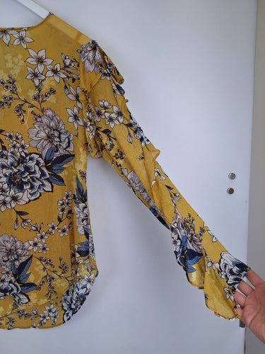 Second-Hand - Witchery Frilly Mustard Floral Blouse Size 6 - SwapUp