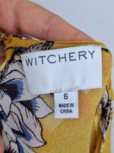 Second-Hand - Witchery Frilly Mustard Floral Blouse Size 6 - SwapUp