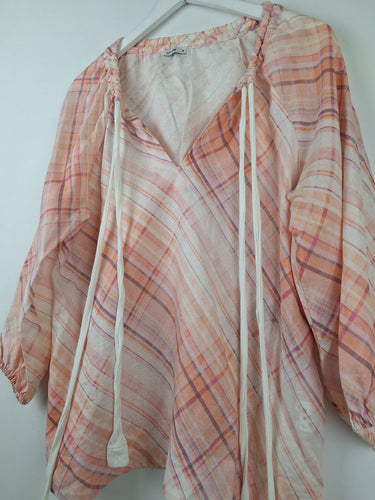Second-Hand - Elms + King Peach Pink Plaid Tie Front Blouse Size M - SwapUp