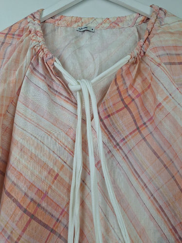 Second-Hand - Elms + King Peach Pink Plaid Tie Front Blouse Size M - SwapUp