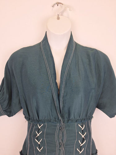 Second-Hand - Aje Emerald Silk Linen Corset Maxi Dress Size 12 - SwapUp