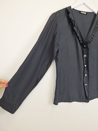 Second-Hand - Assorted Brands Classy Charcoal Frilled Silk Blouse Size 12 - SwapUp