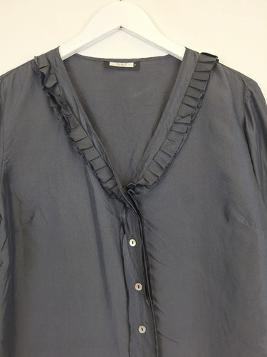 Second-Hand - Assorted Brands Classy Charcoal Frilled Silk Blouse Size 12 - SwapUp