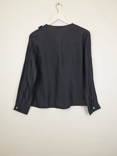 Second-Hand - Assorted Brands Classy Charcoal Frilled Silk Blouse Size 12 - SwapUp